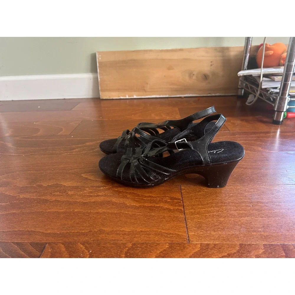 Clarks Women Black Patent Strappy Wedge Sandals Buckle Ankle Strap Size 9.5 M
